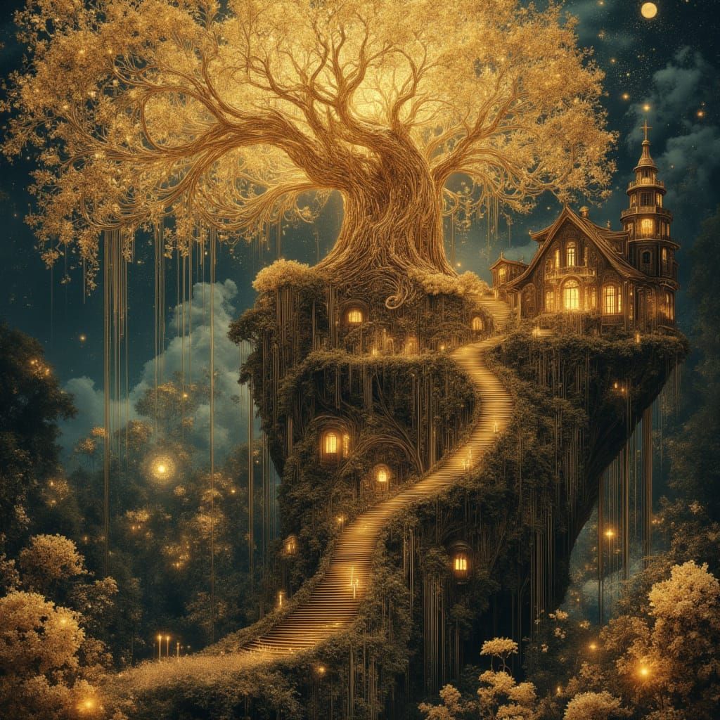Surreal Treehouse in Jungle with Golden Light