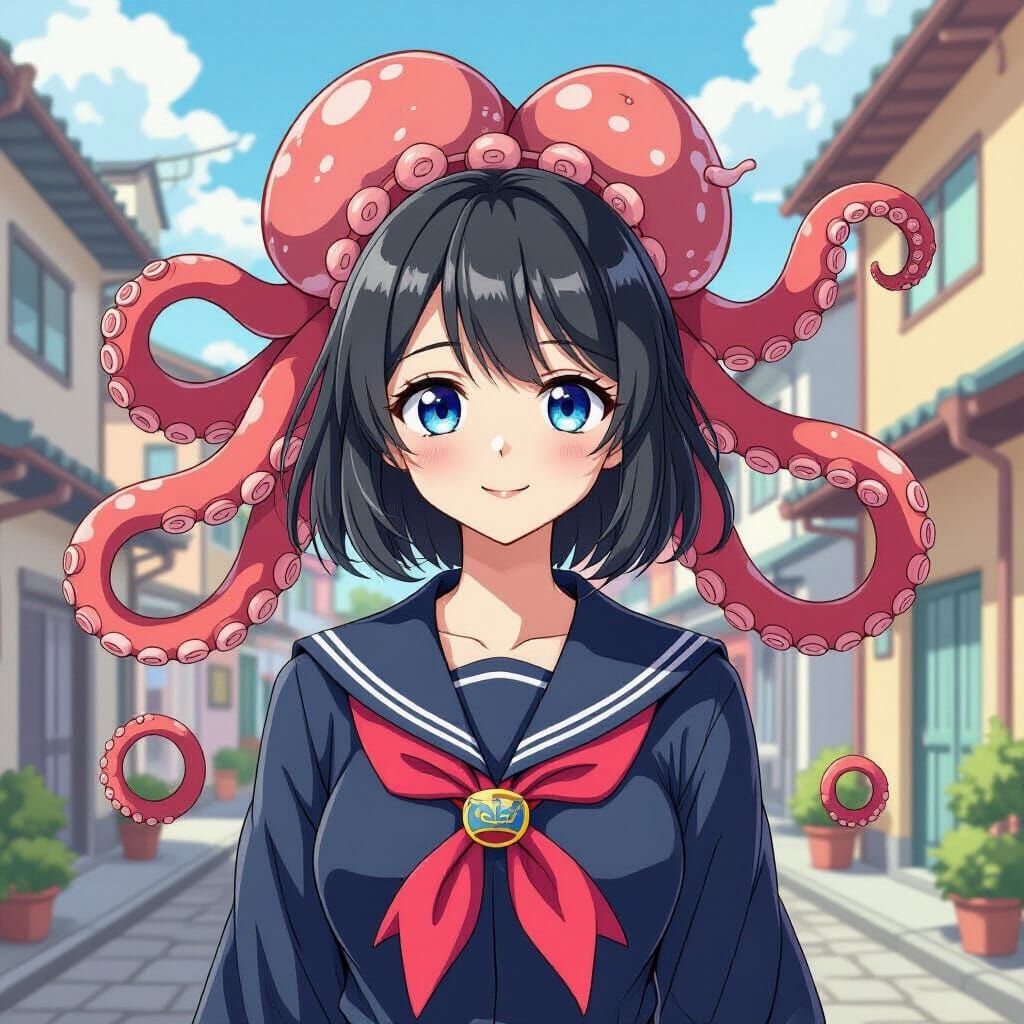 Anime-Style Disembodied Head with Octopus Tentacles