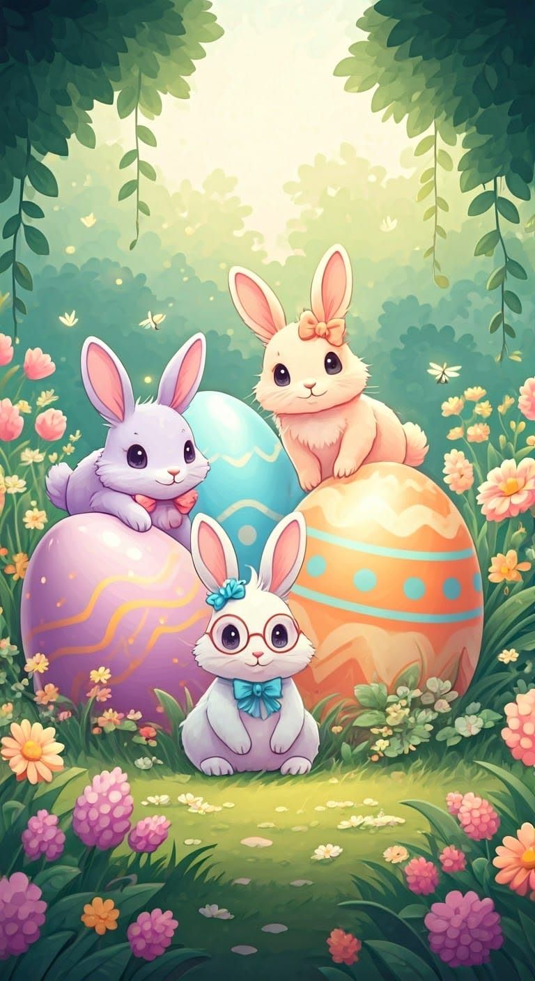 A group of three bunnies in anime style are playing hide and...