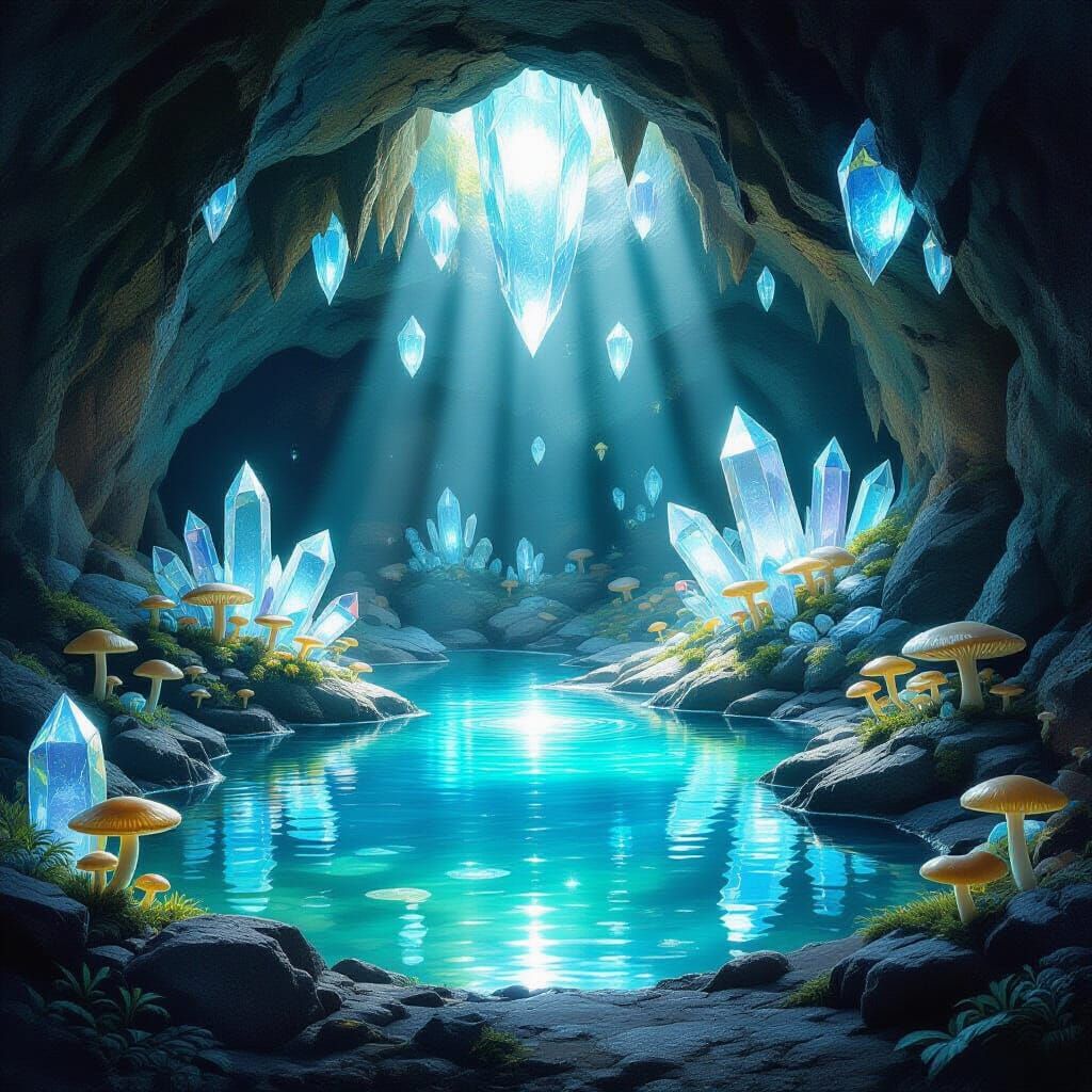 Ethereal Wolf Sanctuary Cave with Crystal Pool