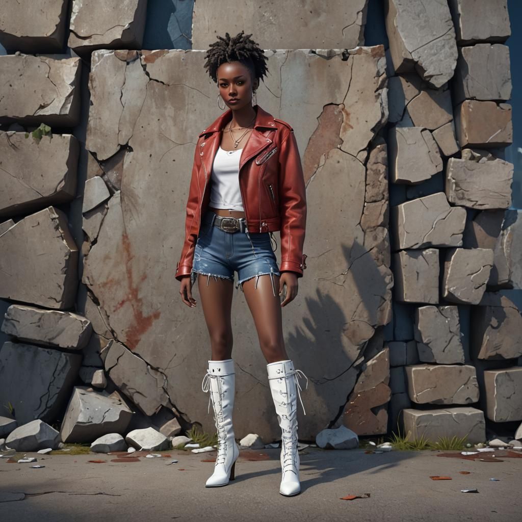 Skinny ebony, red leather jacket, blue jean shorts, white kn...