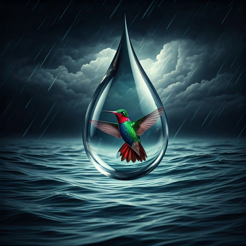 Hummingbird in Raindrop: Hyperrealistic Cinematic Photograph...