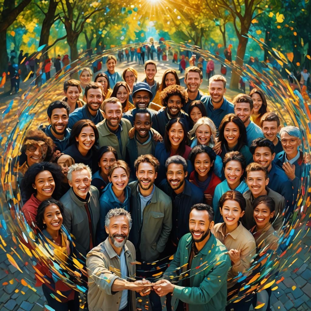 Diverse People United in a Park, in Pointillist Style