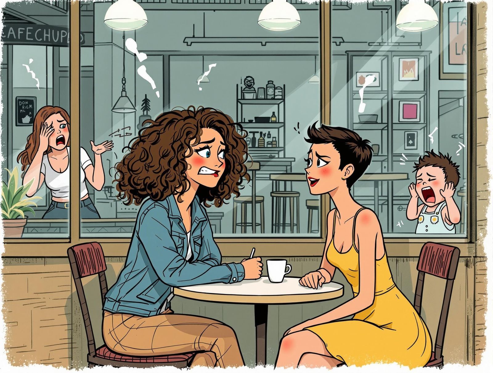 Young Women Share a Laugh at a Bustling Cafe