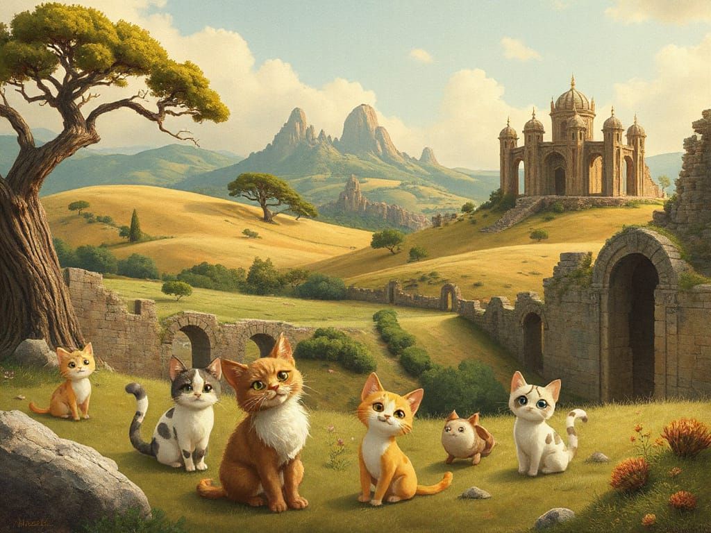 Feline Creatures in Mystical Landscape, Dreamy Watercolor St...