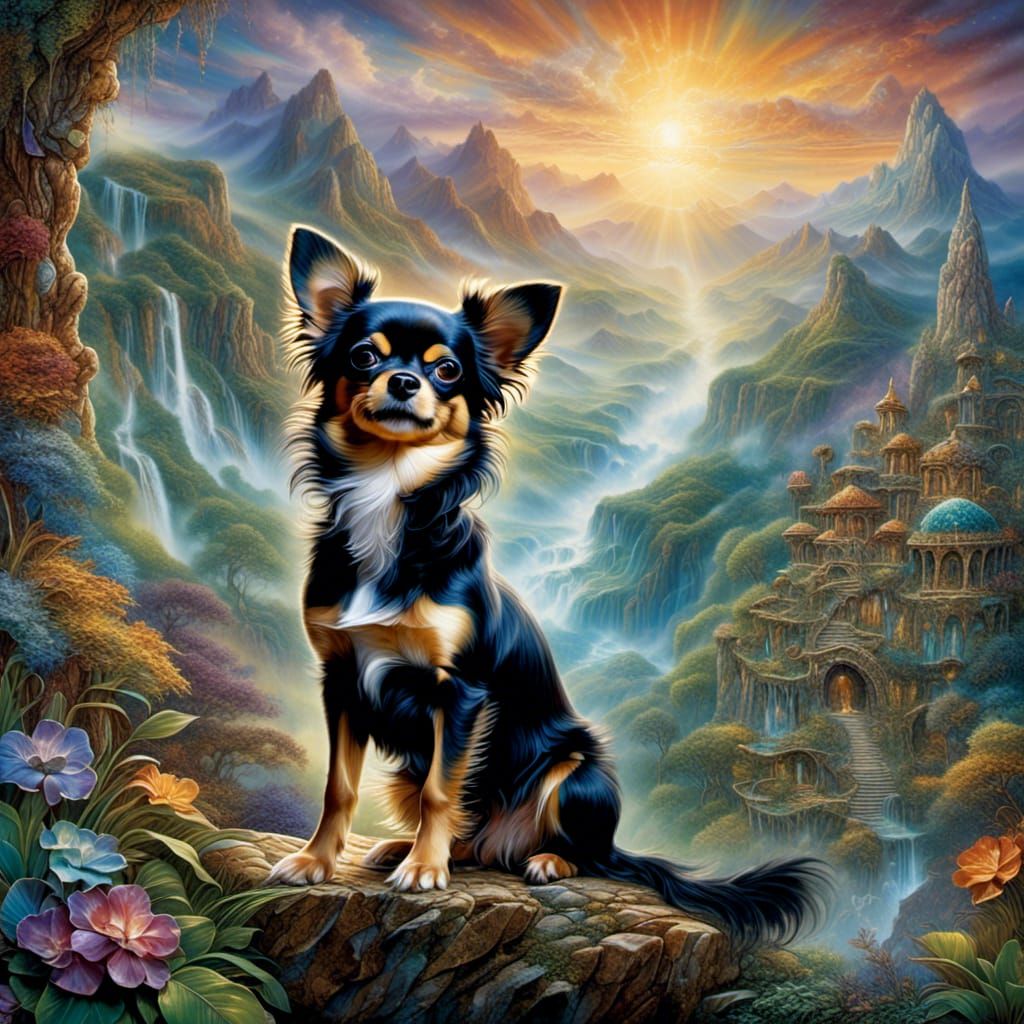 Surreal Fantasy Hand Holds Chihuahua in Dramatic Lighting