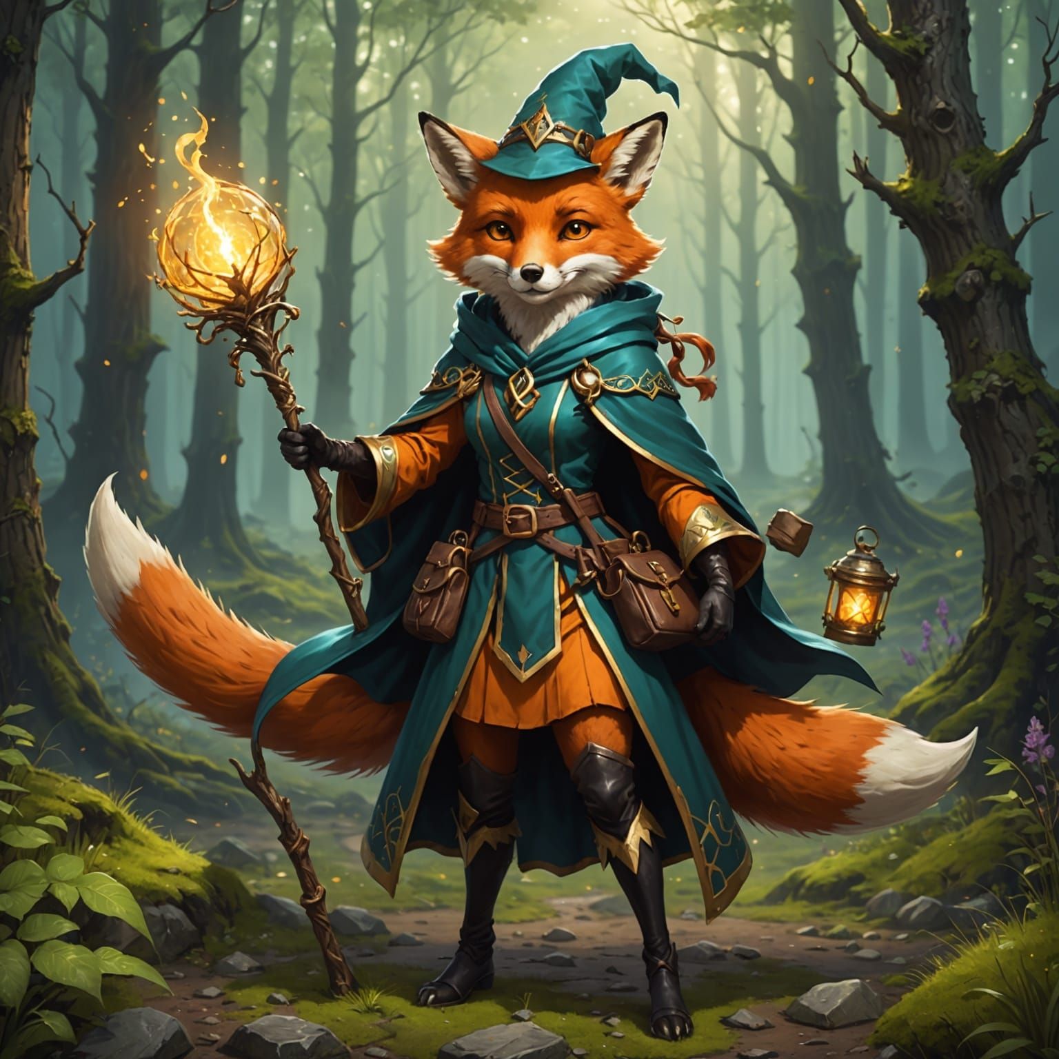 Mystical Fox Wizard Casts Spells in Enchanted Forest