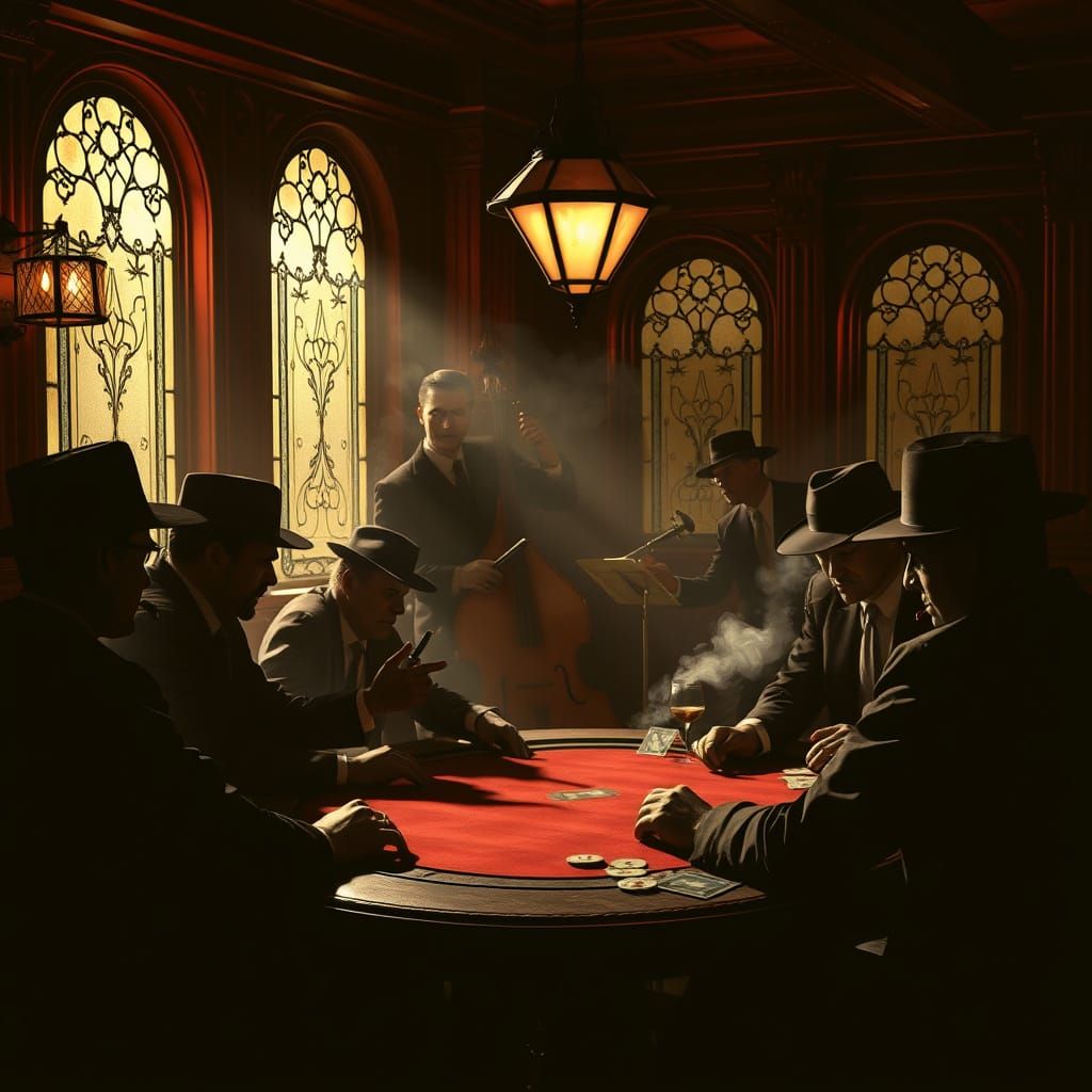 1920s Speakeasy Poker Game in Film Noir Style