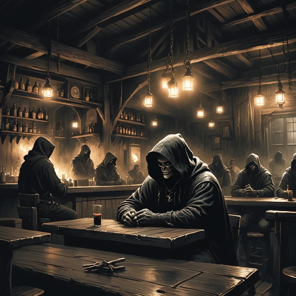 Dark Fantasy Tavern Scene in Gritty Style