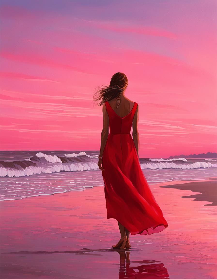 Model in Red Dress at Pink Sunset