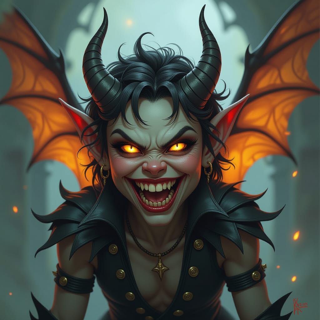 Mischievous Imp with Glowing Eyes and Leathery Wings