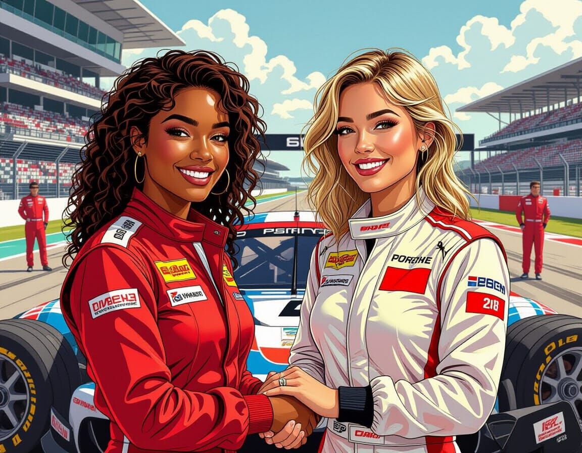 Retro 70s Illustration of Joyful Female Race Car Drivers