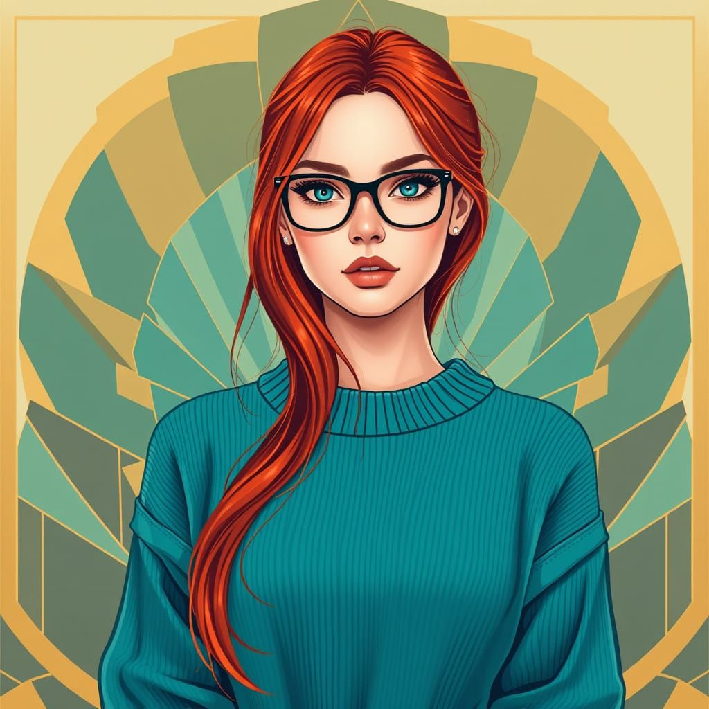 Minimalist Portrait of a Redhead Lady in Teal Sweater and Ar...