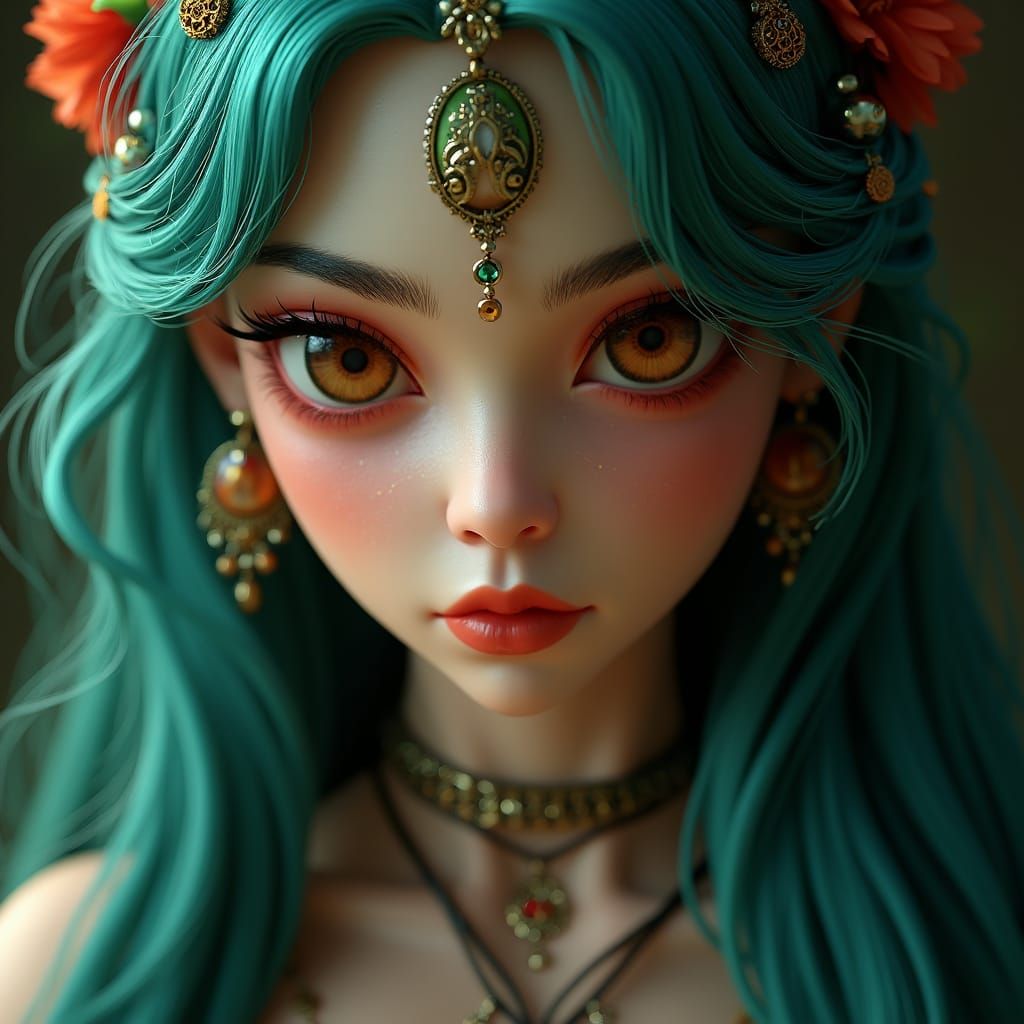 Beautiful Belly Dancer with Teal Hair, Fantasy Concept Art