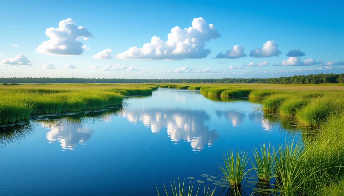 Serene Marshland with Lush Greenery and Blue Sky