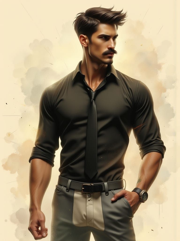 Muscular Man Posing in Dark Oil Paint Style