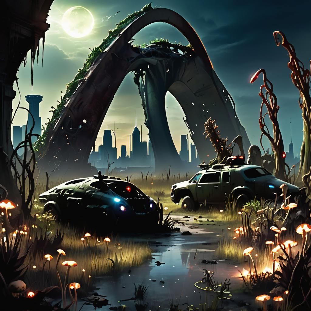 Apocalyptic Gateway Arch: Bioluminescent Alien Overgrowth