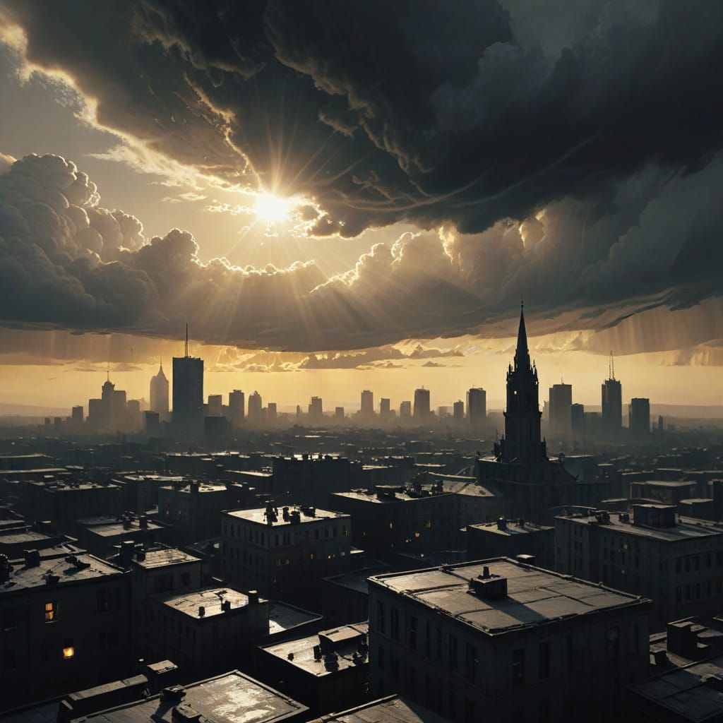 Desolate Cityscape at Twilight in Charcoal Style