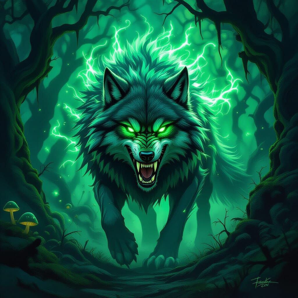 Enormous Emerald Wolf in Dark Fantasy Forest