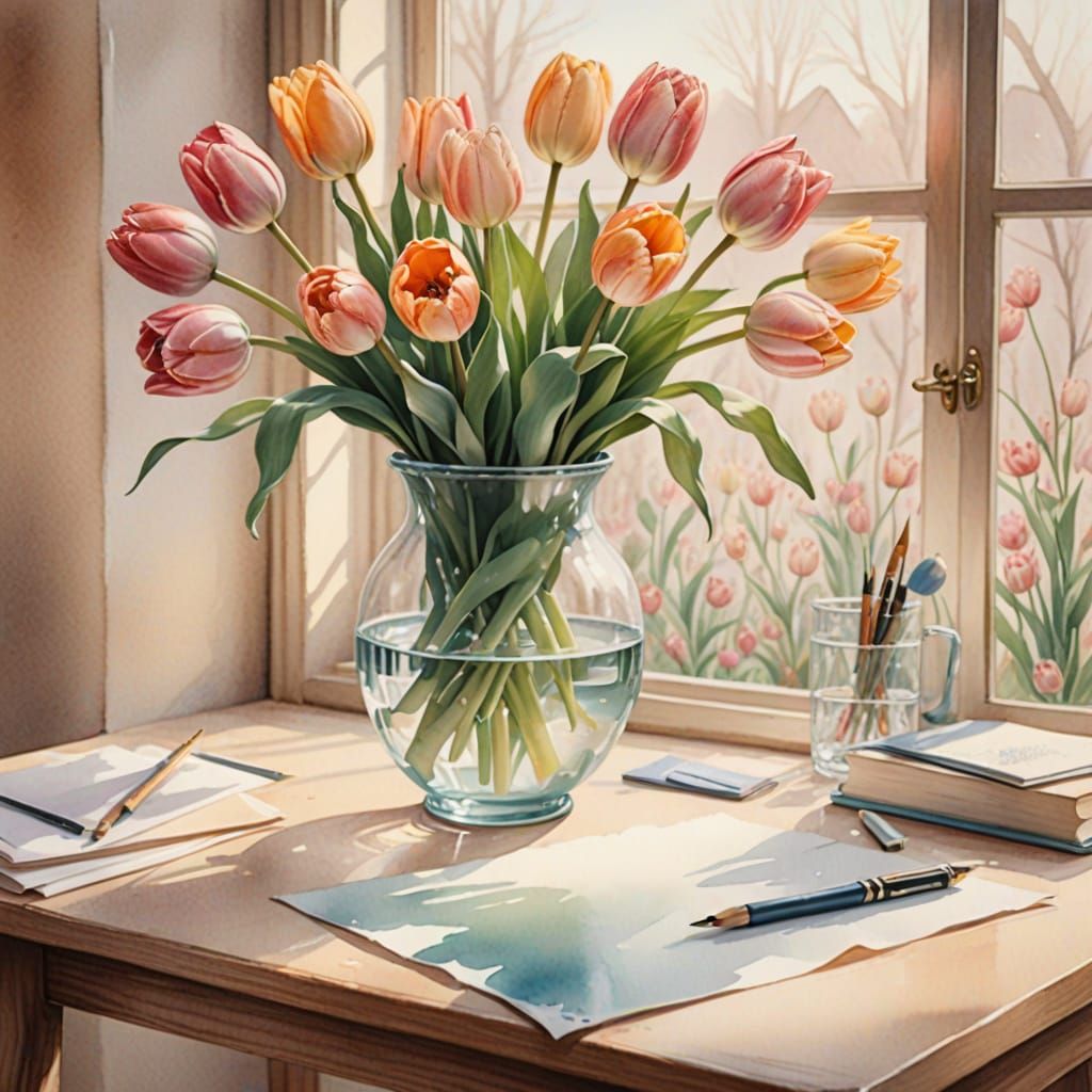 Watercolor Vase with Whimsical Tulips