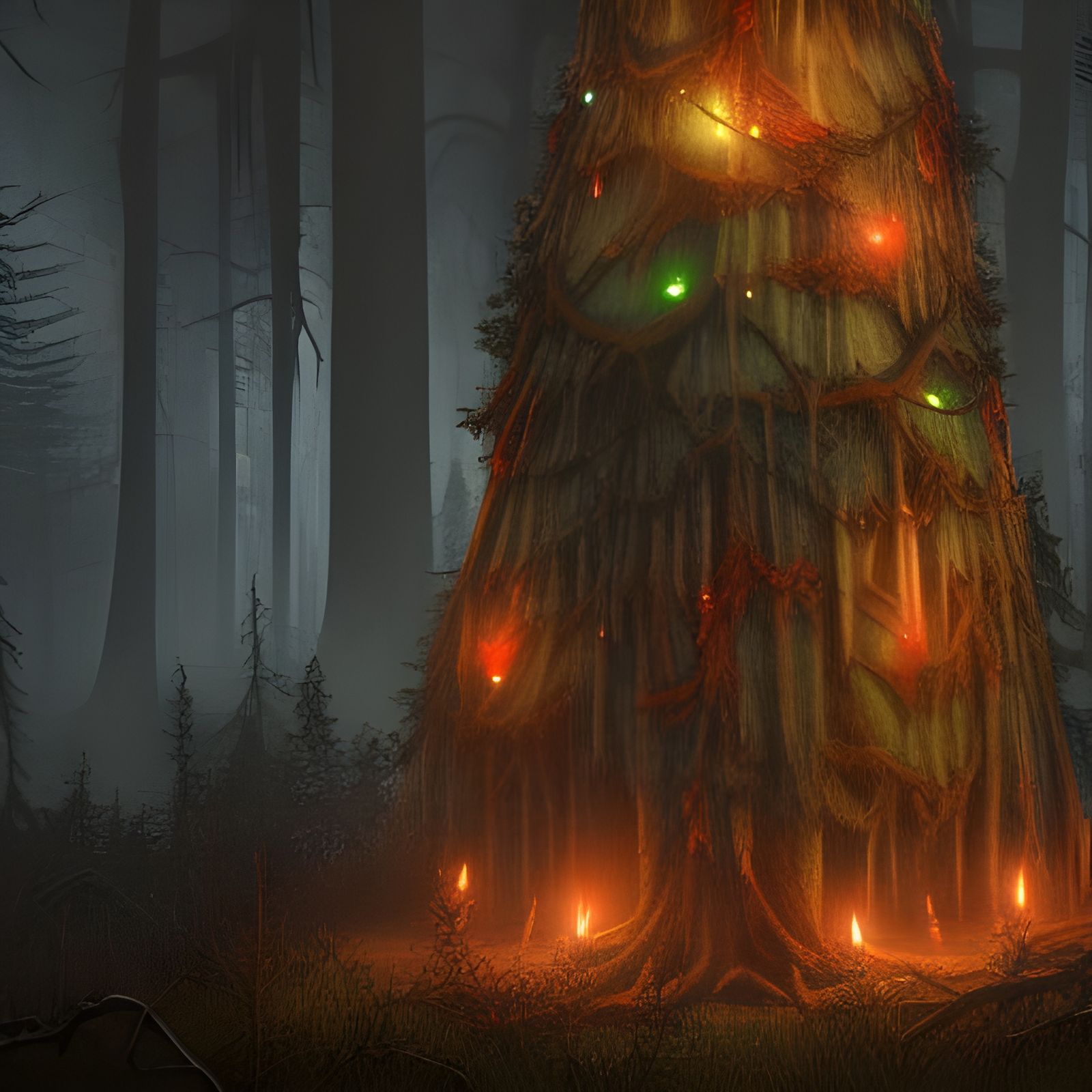 Eerie Christmas Tree in Dark Forest: Matte Painting