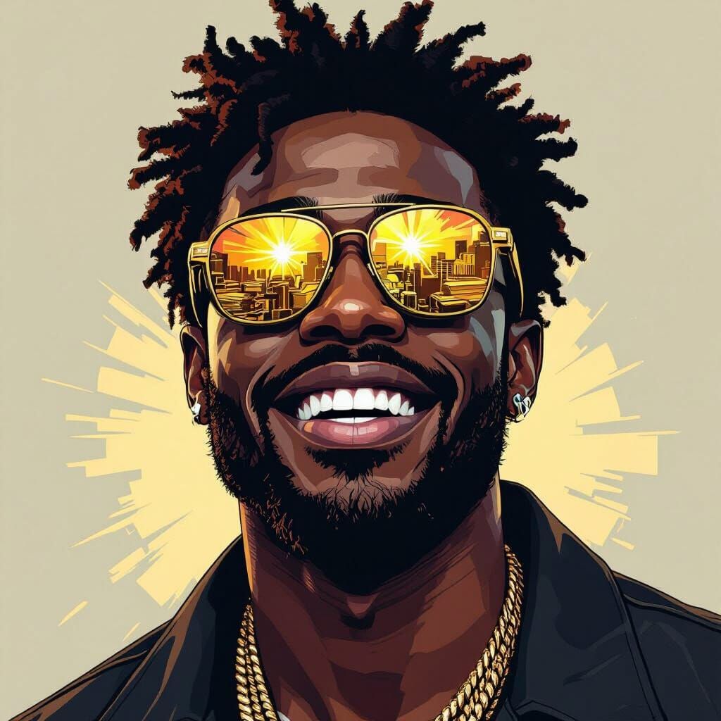 Confident Man Smiles with Gold Reflections in Sunglasses