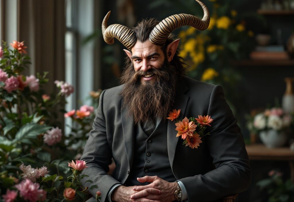 Non-Hominid With Flowers in Modern Suit