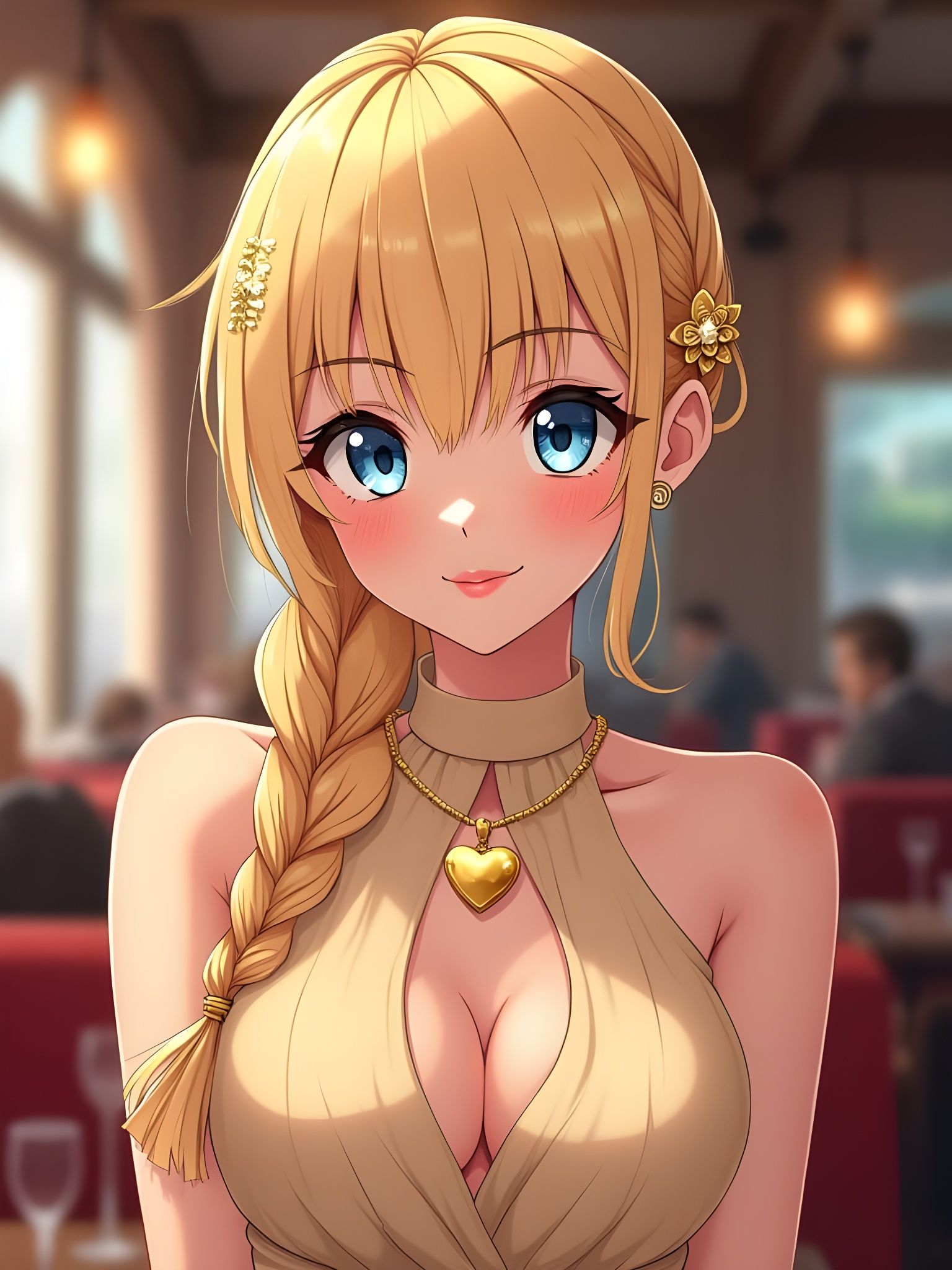 Elegant Anime Woman in Beige Dress Ready to Dine