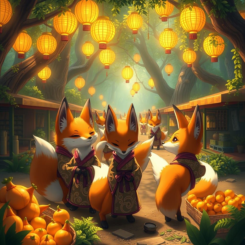 Kitsunes in Whimsical Farmers Market Scene