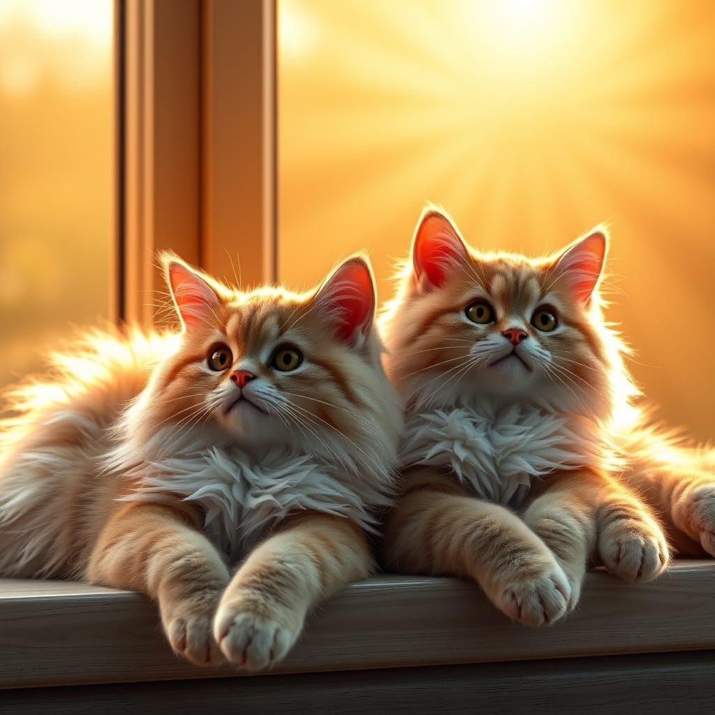 Fluffy Cats Stretch at Dawn in Golden Light