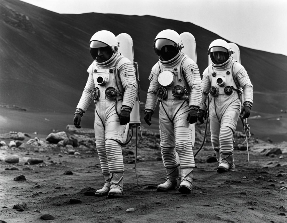 Mars Explorers in Retrofuturistic Style, Black and White