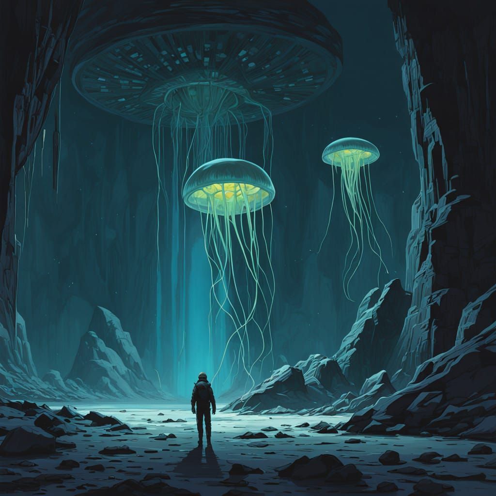 Space Explorer in Bioluminescent Cavern