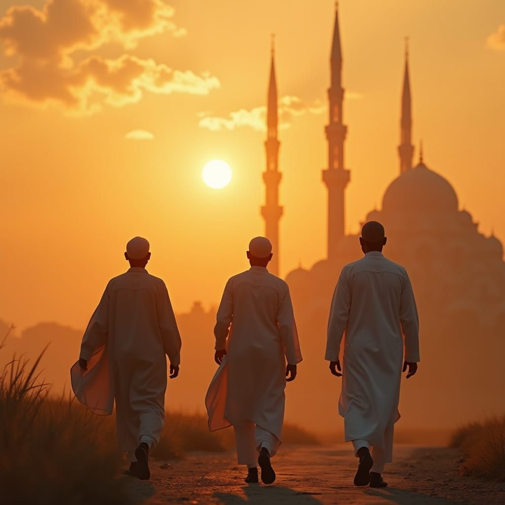 Hopeful Muslim Men Walk Towards a Serene Sunset Mosque