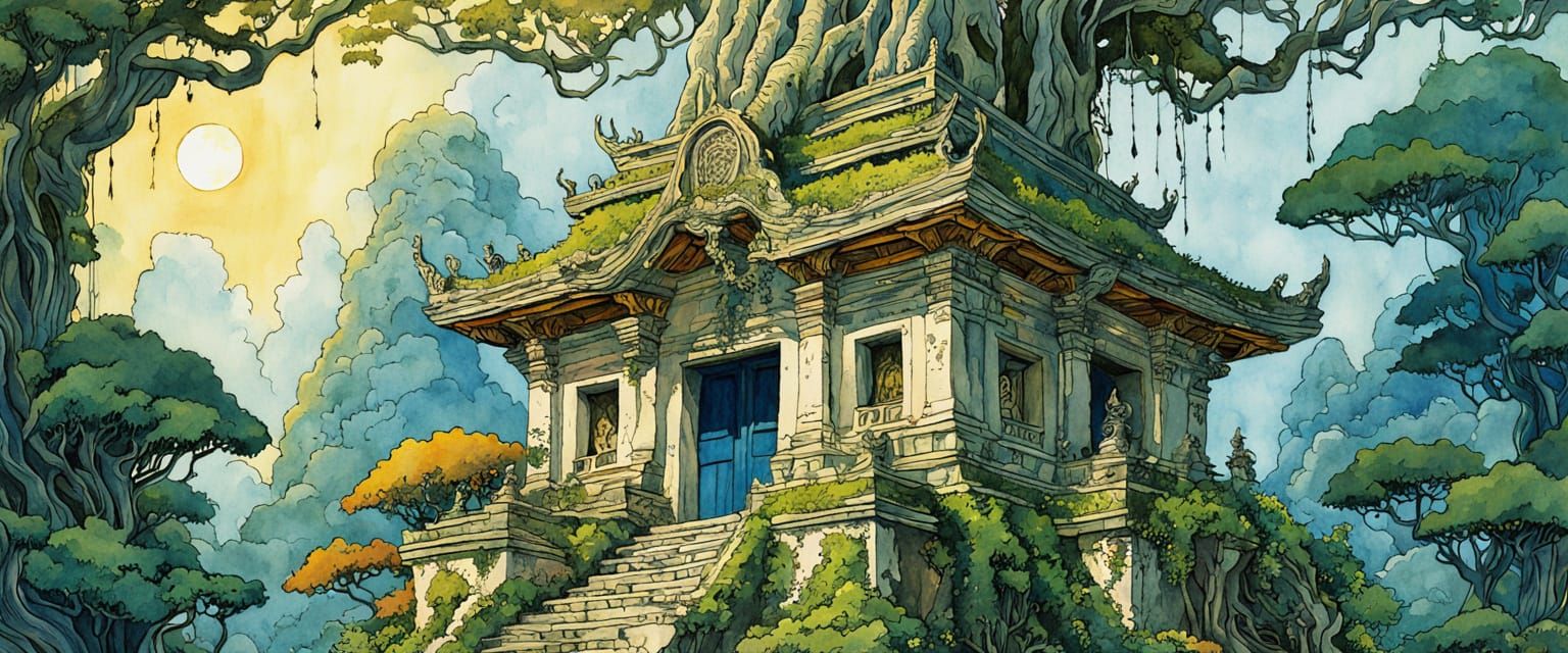Moss Temple with Yoda in Watercolor Style
