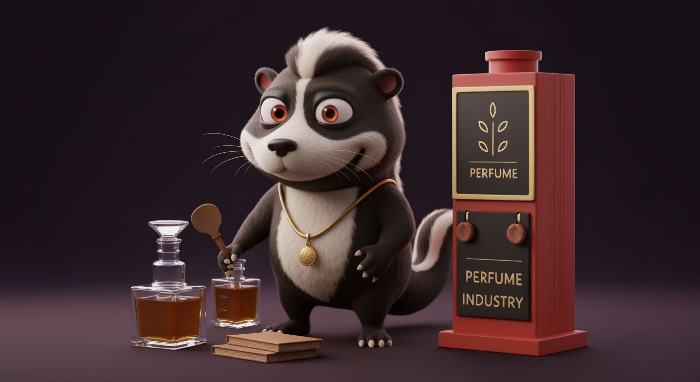 3D Cartoon Skunk Creates Perfume in Industry Setting