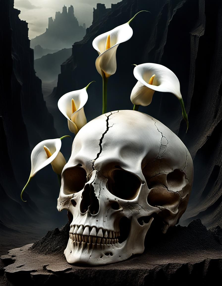 Surreal Lilies Bloom From Skull in Wasteland