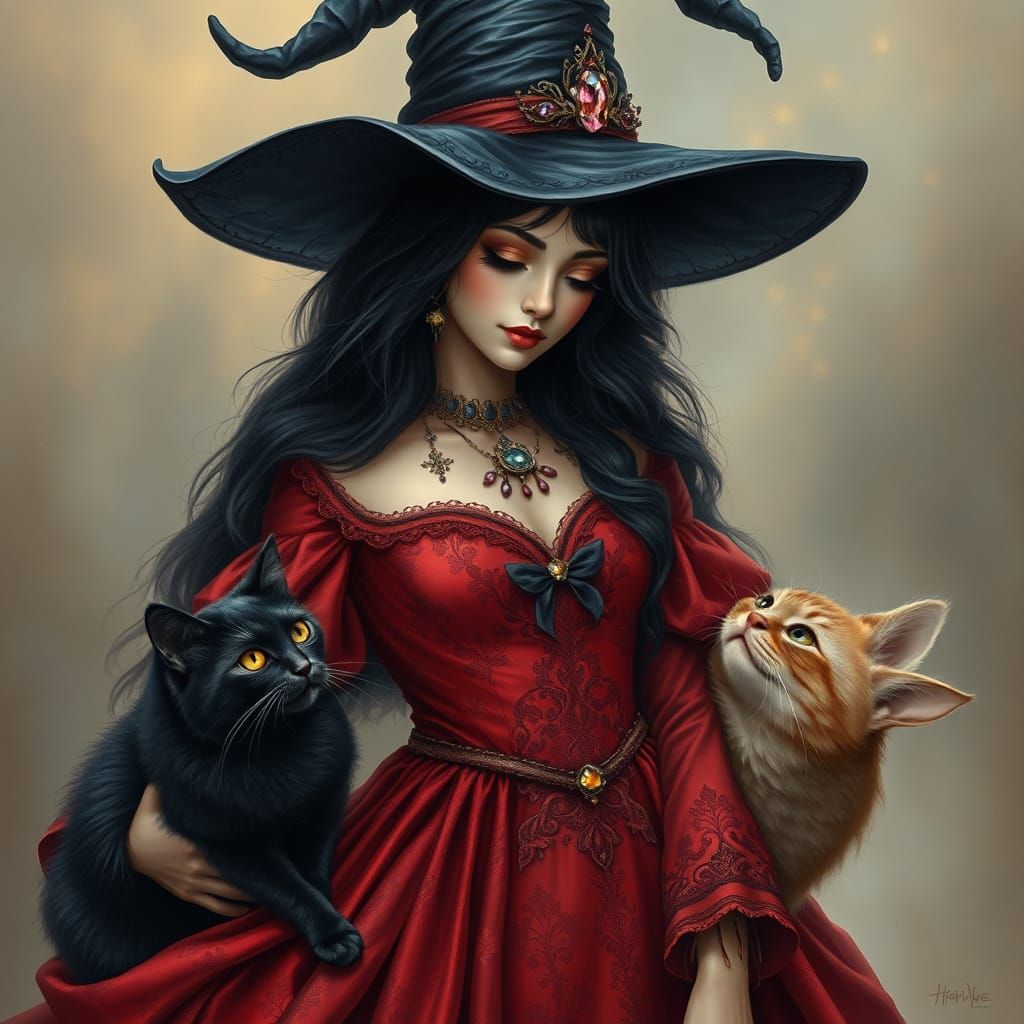Mystical Witch in Crimson Embroidered Gown with Black Cats