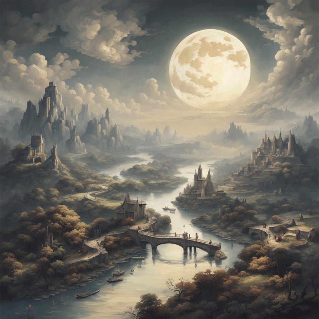 Moon River in Surreal Landscape, Ink and Oil Painting