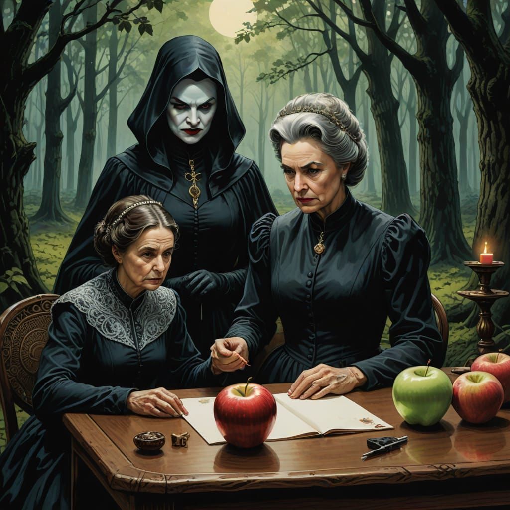 evil godmother and apple on table before that godmother and ...