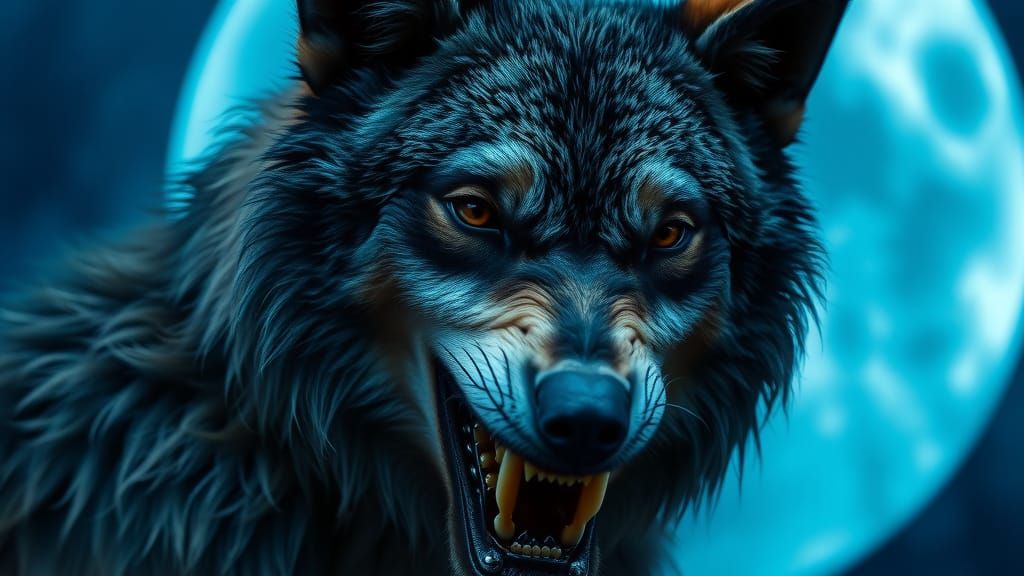 Hyperrealistic Werewolf Silhouetted Against Blue Moon