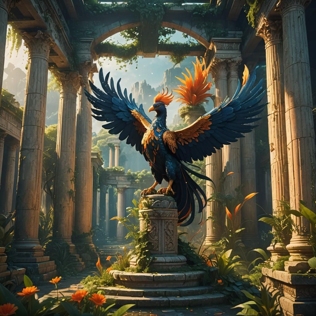 Magical Phoenix Rises in Ancient Temple Ruins