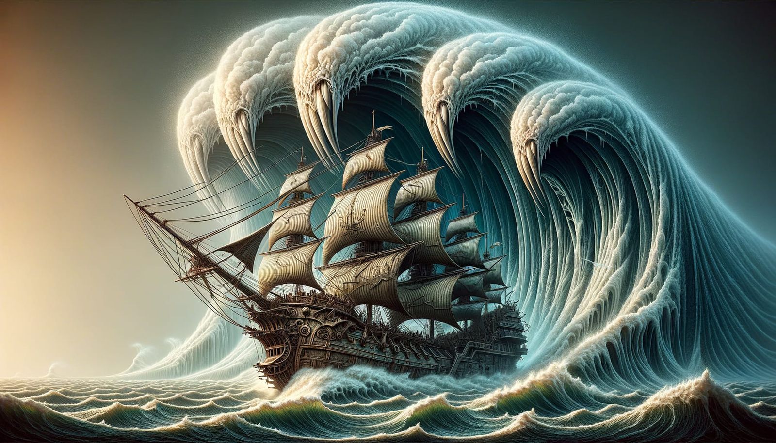 Steampunk Sailing Ship Battling Turbulent Seas