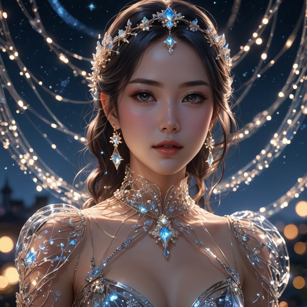 Woman in Glass Dress: 3D Anime Portrait