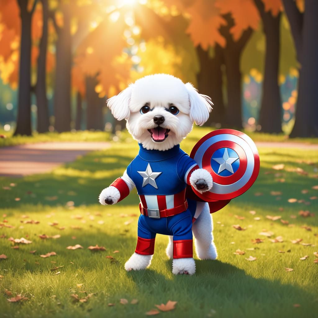 Bichon Frise as Captain America Cartoon Illustration