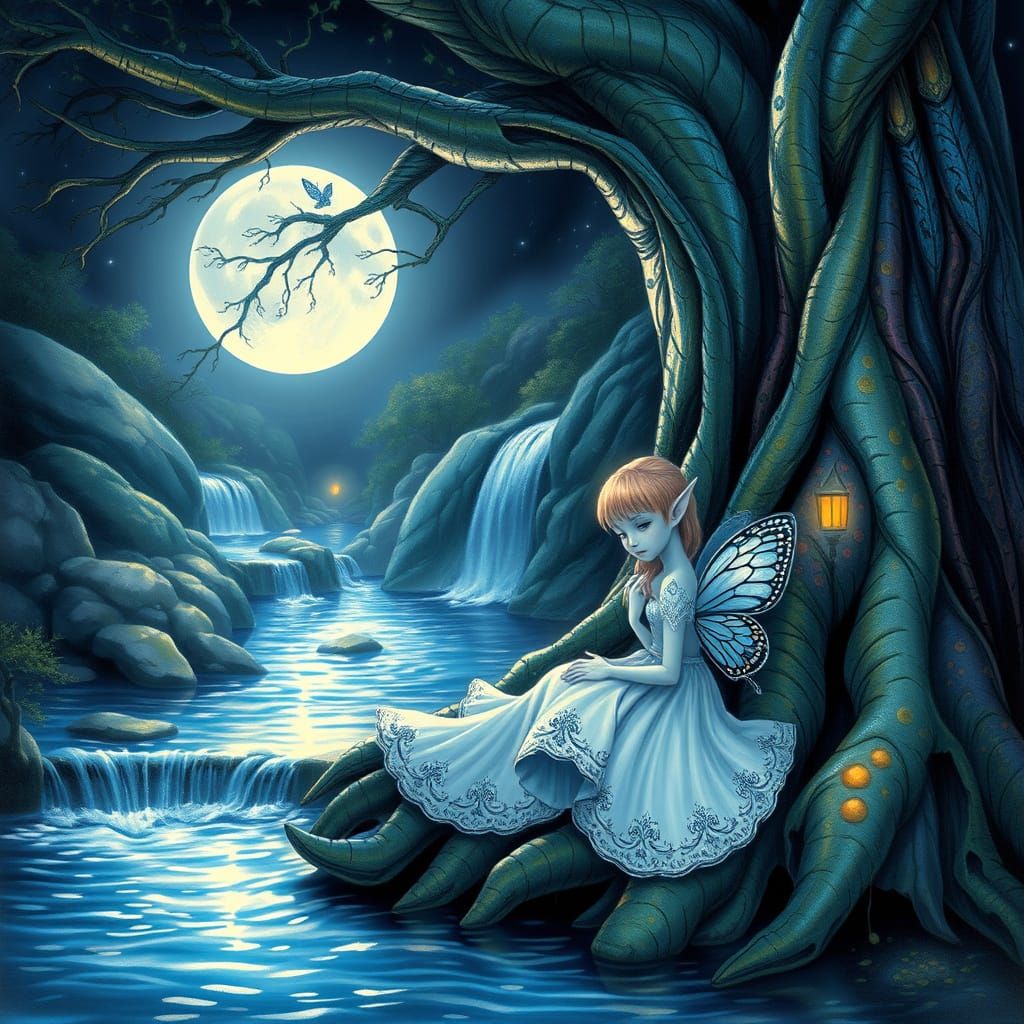 Whimsical Blue Elf Girl in Enchanted Forest