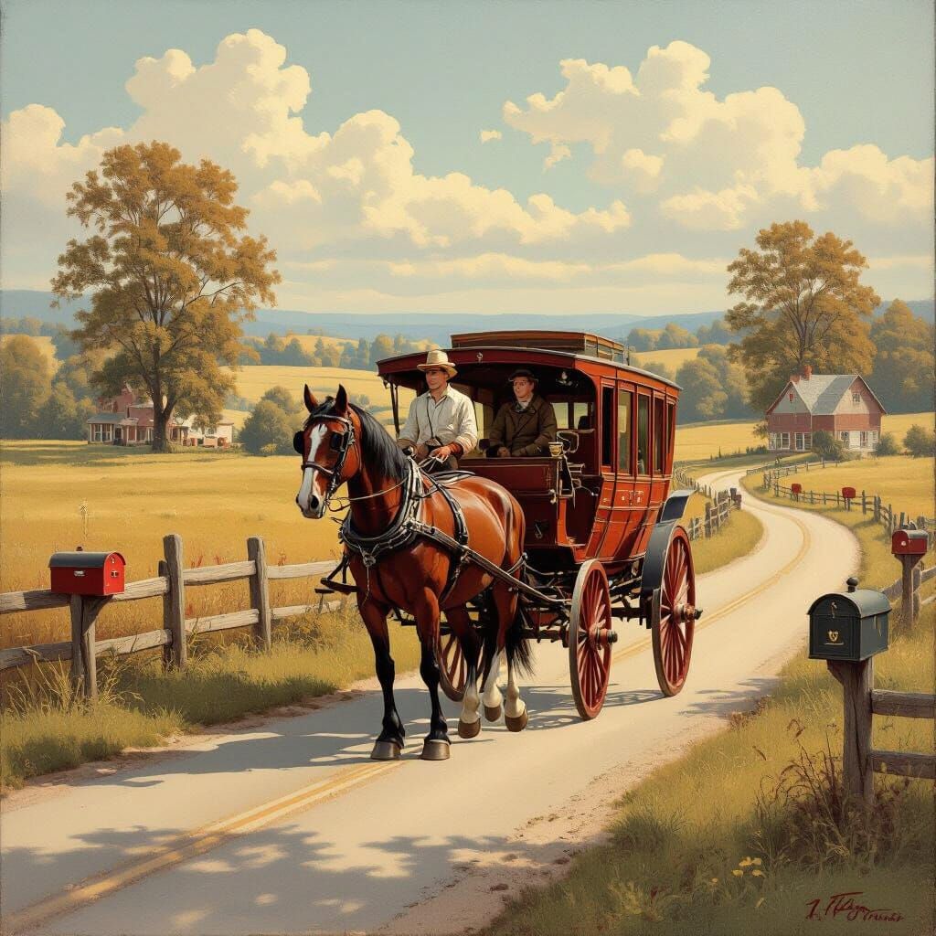 Norman Rockwell Style Postal Carriage on Country Road