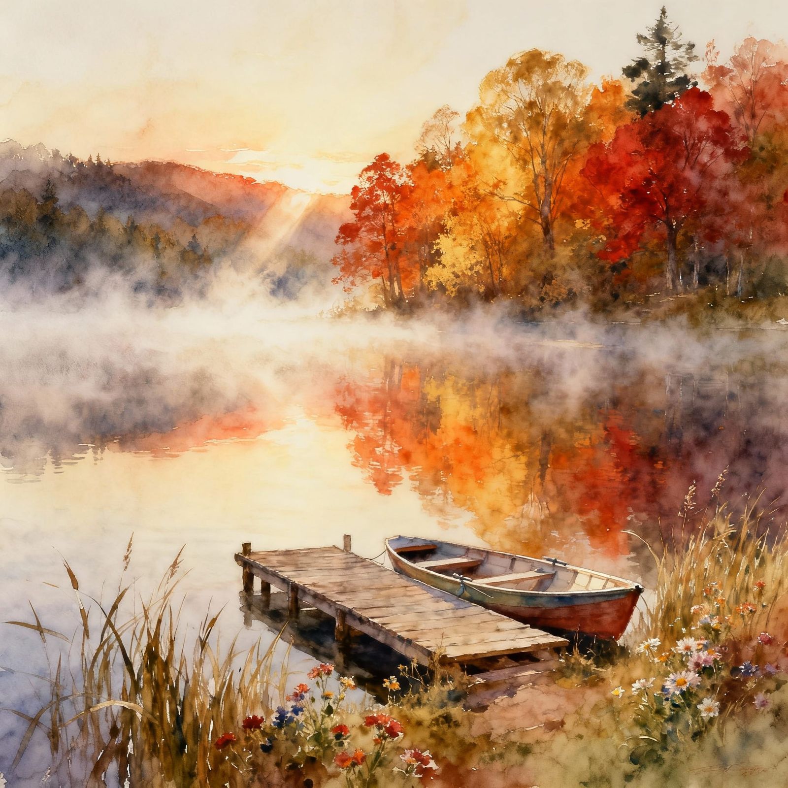Serene Autumn Lake Sunrise Watercolor Painting
