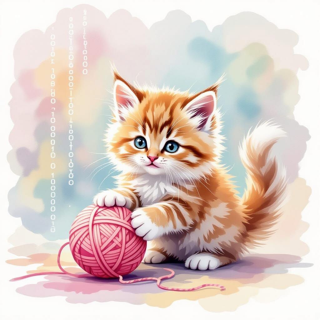 Fluffy Kitten Plays With Binary Yarn in Dreamlike Scene