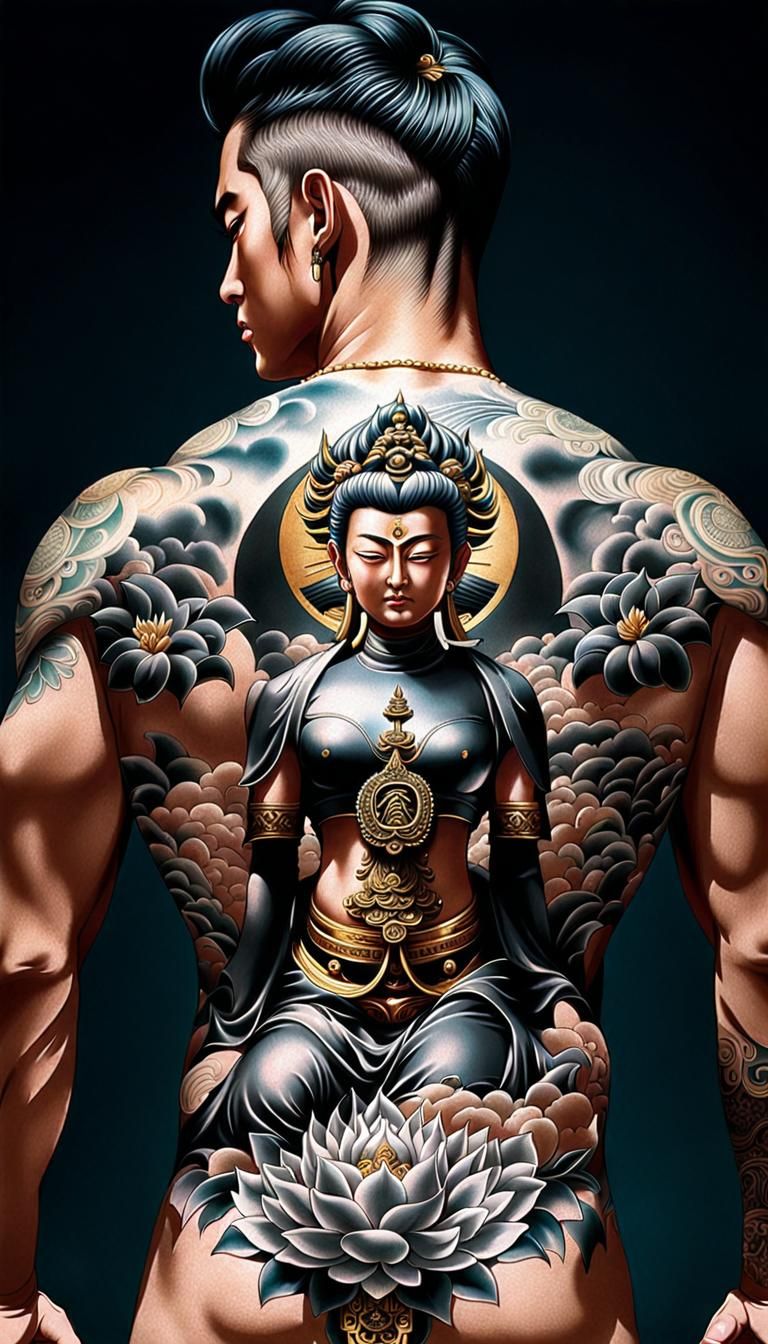Japanese Mafia Portrait with Buddha Tattoo in Anime Style