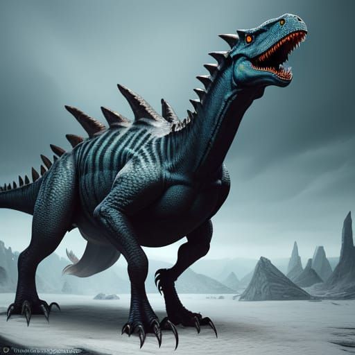 Epic Dark Fantasy Theropod Stalks Forward in Hyper-Realistic...